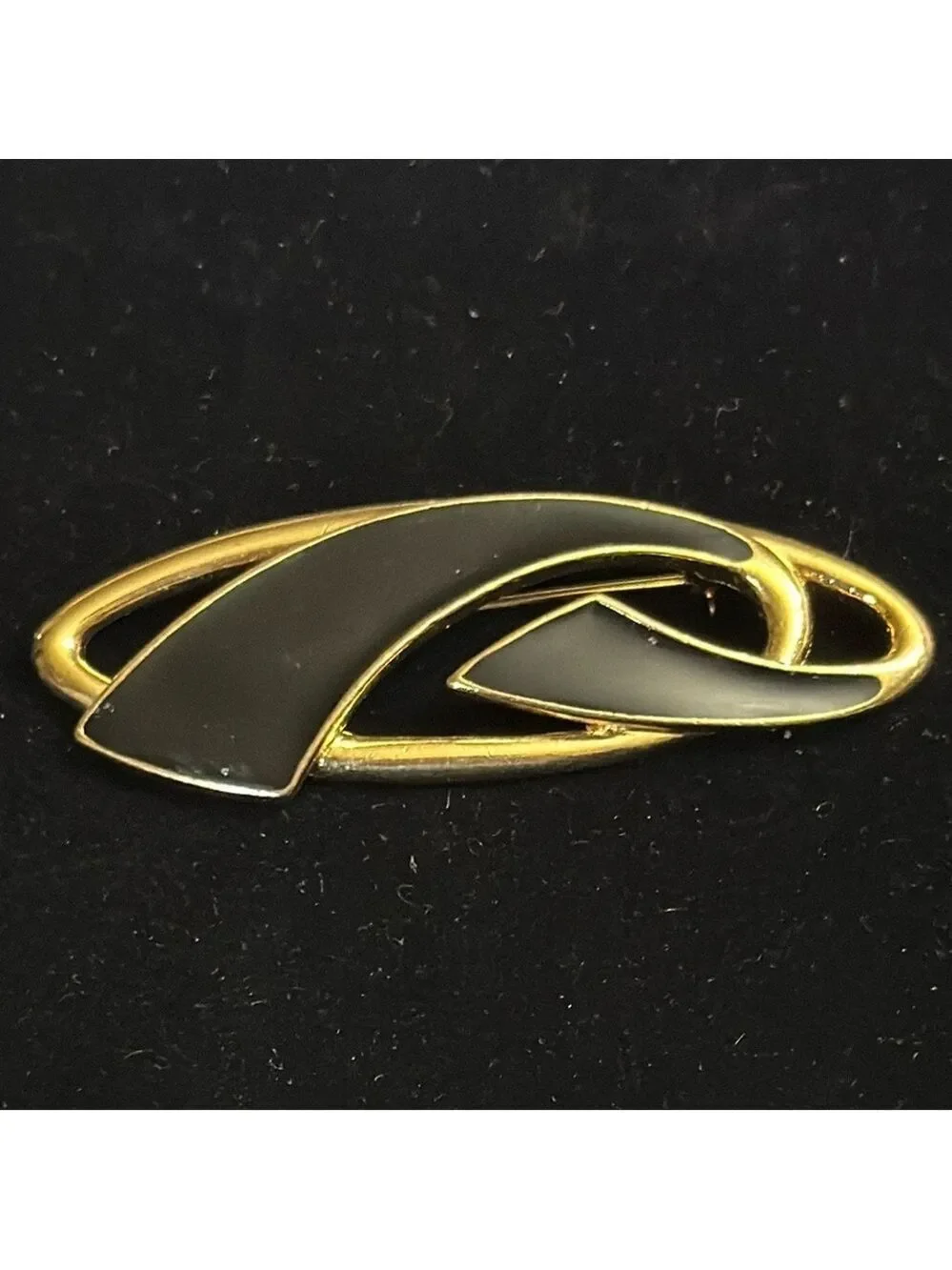 Trifari Black Enamel and Gold Tone Swirl Brooch Pin